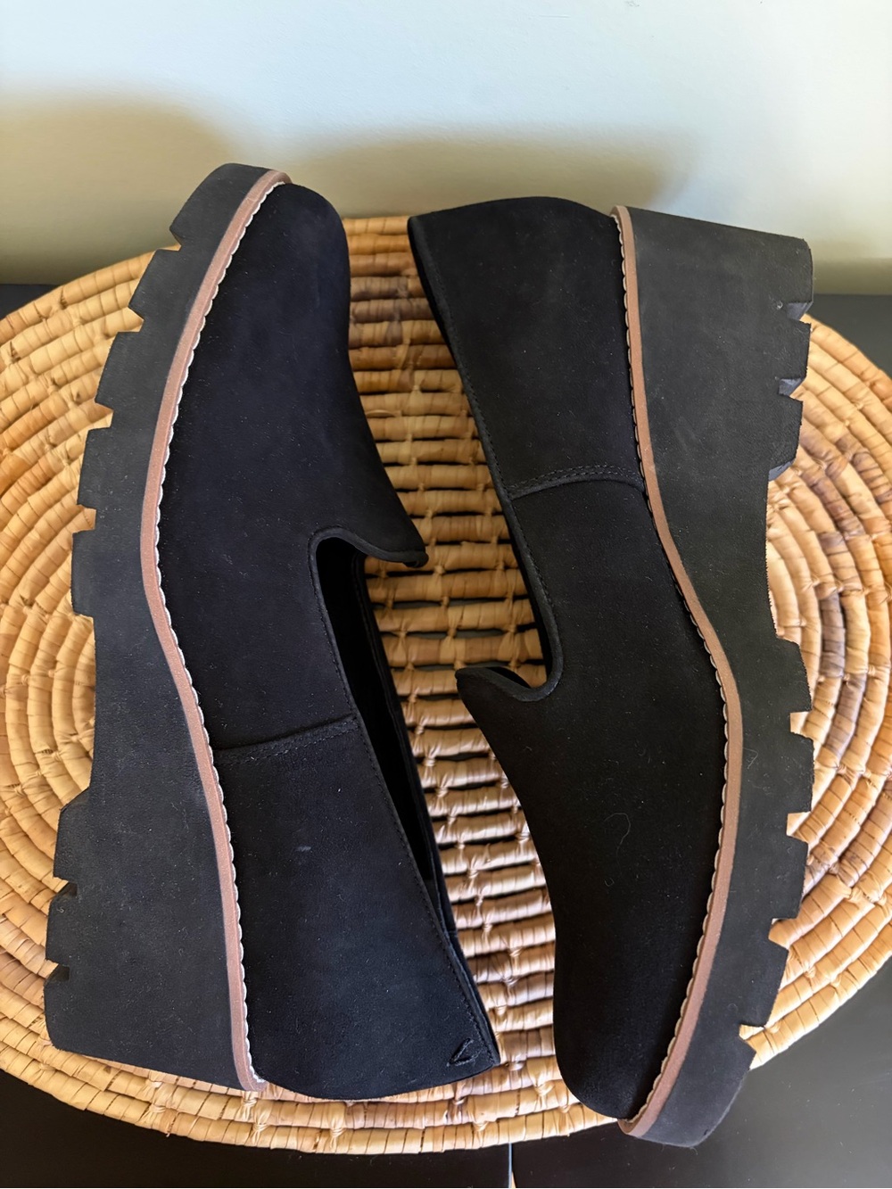Vionic Black Suede Wedge Loafers with Tan Accent - Picture 4 of 7